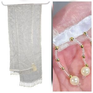 Vintage Ivory Table Runner Beaded Pearl Fringe Sheer 10" x 108" Antique Classic